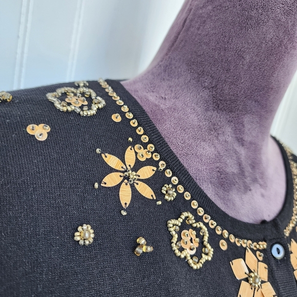 CABLE & GAUGE Cardigan Womens Silk Blend Cropped Embellished Sweater Black Sz L - Picture 3 of 11
